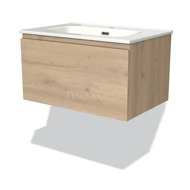 Holz wandhängendes Badezimmermöbel mit heller Eiche-Optik, integrierter weißer Waschbecken und schlankem modernem Design.