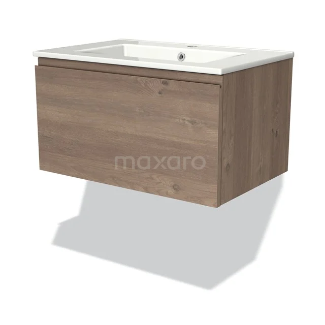 Holz-Waschtischmöbel, Eichenoptik, mit weißem Keramik-Waschbecken; moderne Badezimmerlösung für Stauraum und Stil.