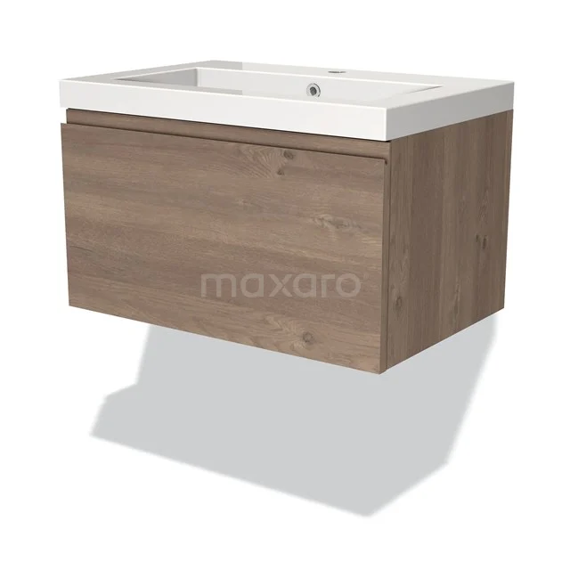 Wooden vanity unit with drawers, modern design in oak look, including integrated white ceramic sink for bathroom.