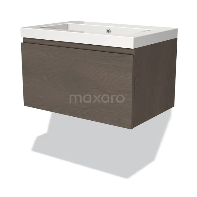 Wooden bathroom unit with drawers, dark brown, with white basin worktop; modern design, ideal for stylish bathroom design.