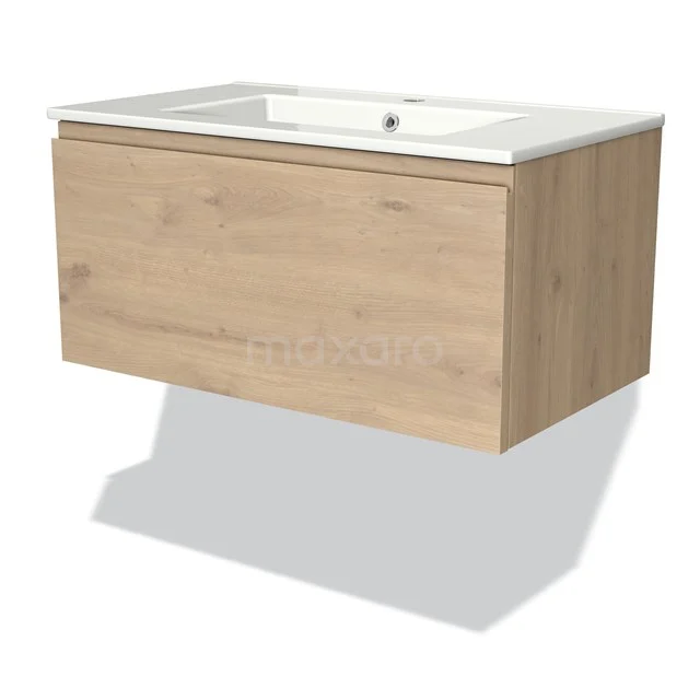 Holz Badezimmermöbel mit weißem Waschbecken, modernes Design, schwebendes Modell, ideal für stilvolle Badezimmergestaltung.