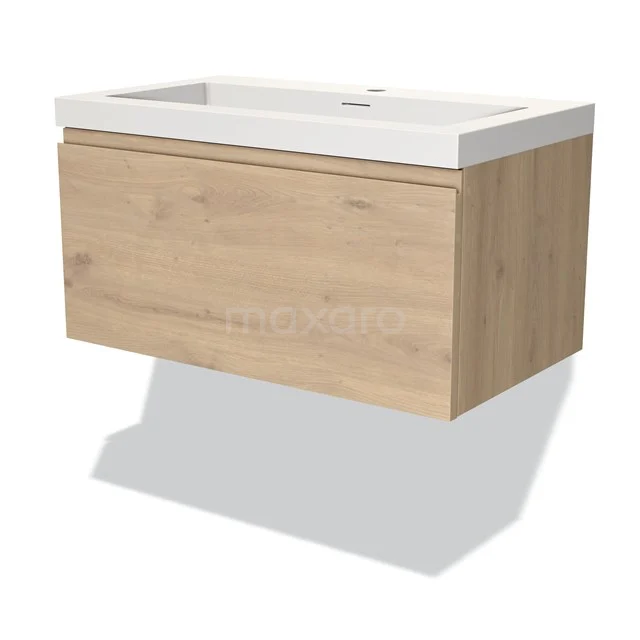 Modulo Waschtische | 80 cm Hellbraune Eiche Grifflos front Solid Surface 1 Schublade BMW11-03393 Holz Badmöbel mit Waschbecken, Eiche Design, kompaktes Format, ideal für moderne Bäder.