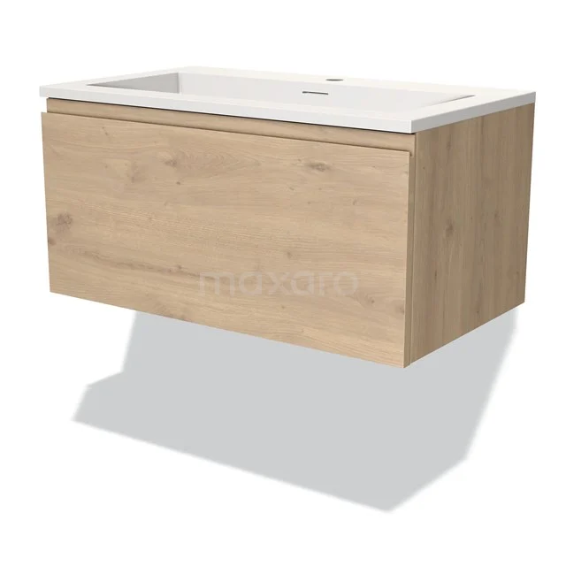 Wooden vanity unit with white sink, modern floating design, ideal for a stylish and functional bathroom.