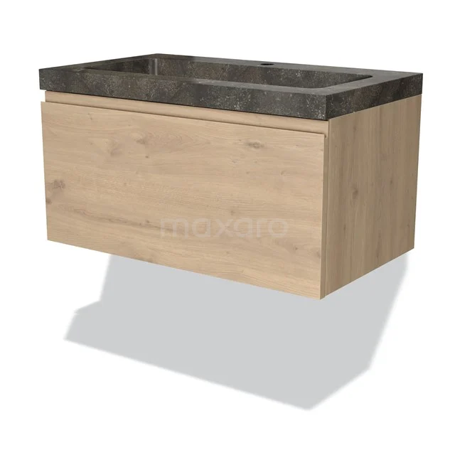 Wooden bathroom unit with marble-look basin, modern wall model, Oak finish, ideal for stylish bathroom design.