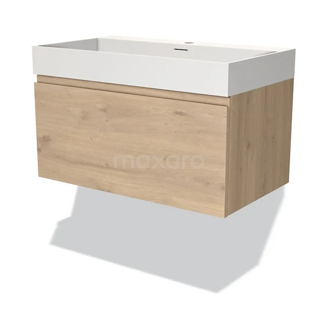Wooden bathroom unit with white basin worktop, modern design in natural oak, perfect for stylish bathroom decor.