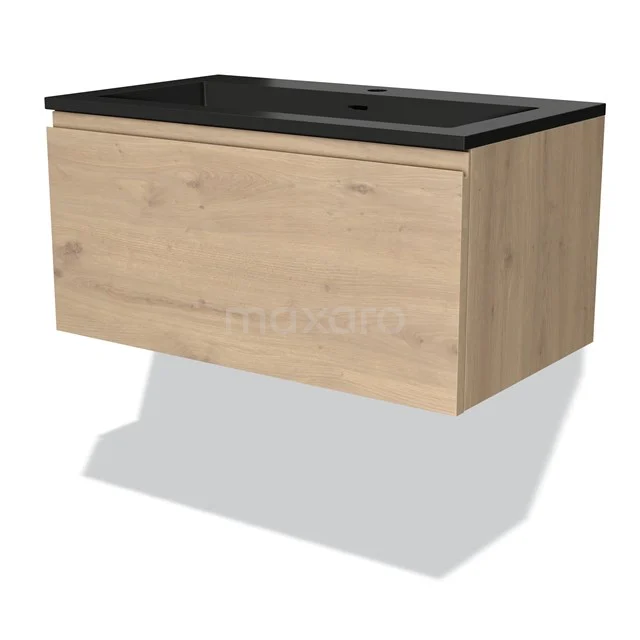 Wooden floating bathroom unit with vanity units with basin, black oak look, modern look and soft-close drawer.