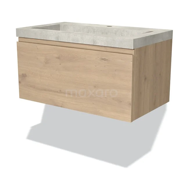 Wooden bathroom unit with concrete sink, floating design, ideal for modern bathrooms.