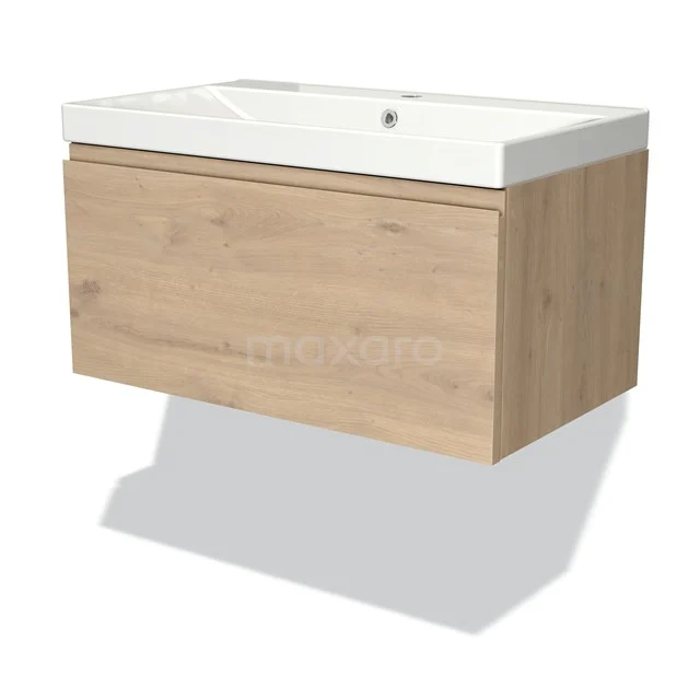 Eichenholz-Badmöbel mit weißem keramischen Waschbecken, modernes schwebendes Design, ideal für großzügige und stilvolle Bäder.