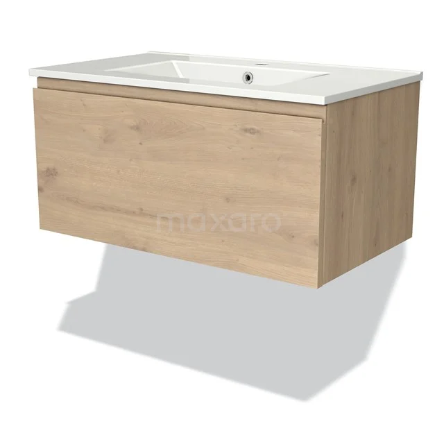 Holz-Badmöbel mit einem weißen keramischen Waschbecken und einer Schublade, hängendes Design in heller Eiche-Oberfläche.