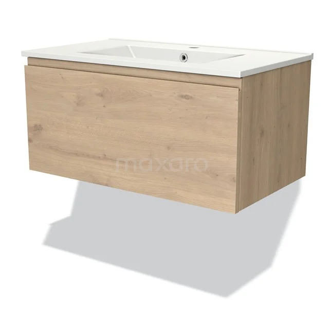 Holz-Badmöbel mit weißem keramischen Waschbecken, schwebendes Design, ideal für einen modernen Badezimmerstil.