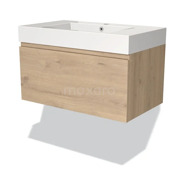 Modulo Bathroom furniture with sink | 80 cm Light brown oak Handle-less front Mineral marble 1 drawer BMW11-03403 Wooden bathroom unit with white sink, wall-mounted, modern design and single drawers, ideal for small bathrooms.