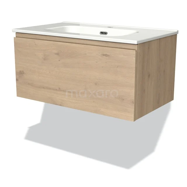 Houten badkamermeubel met witte wastafel, zwevend ontwerp en moderne uitstraling, ideaal voor een stijlvolle badkamerinrichting.