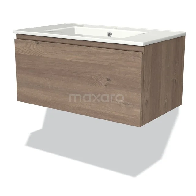 Houten wastafelmeubel met witte wasbak, modern zwevend design, ideaal voor strakke badkamerinrichting.