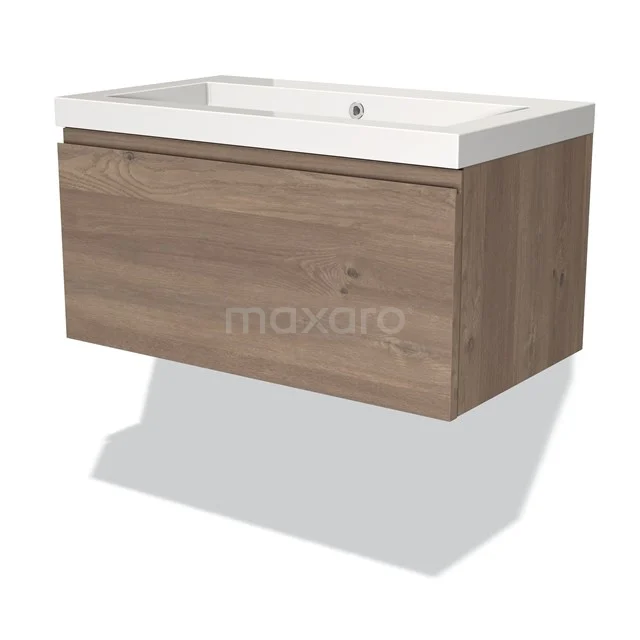 Houten wastafelmeubel met witte keramische wastafel, zwevend design, ideaal voor een moderne badkamer inrichting.