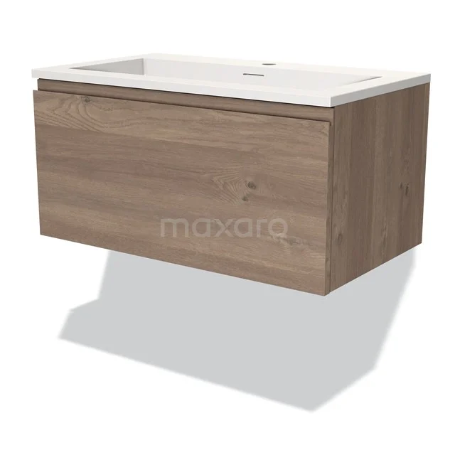 Modulo Waschtische | 80 cm Mittelbraune Eiche Grifflos front Solid Surface 1 Schublade BMW11-03410 Holz-Badmöbel mit einem schwebenden Design und Waschbecken in Weiß, ideale Aufbewahrungslösung für ein modernes Badezimmer.