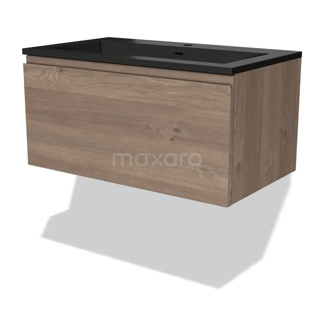 Wooden bathroom unit with black vanity units with basin, floating design and drawer, ideal for sleek and modern bathroom interiors.