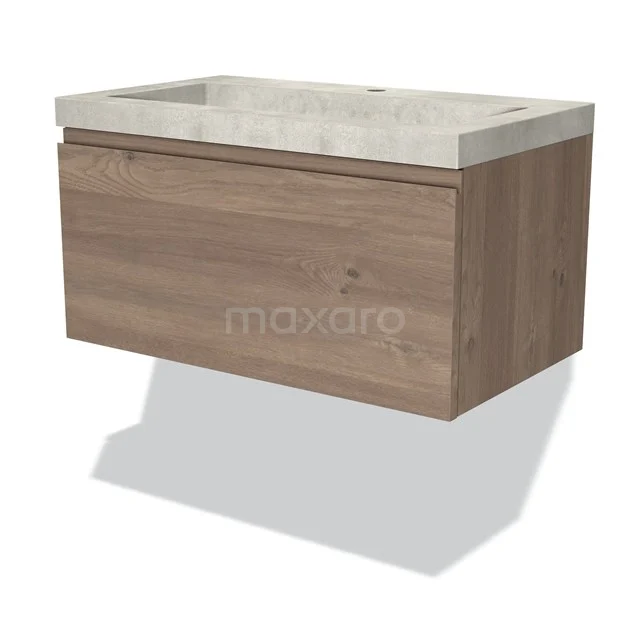 Wooden bathroom unit with drawers and mineral marble basin, floating design in oak look.