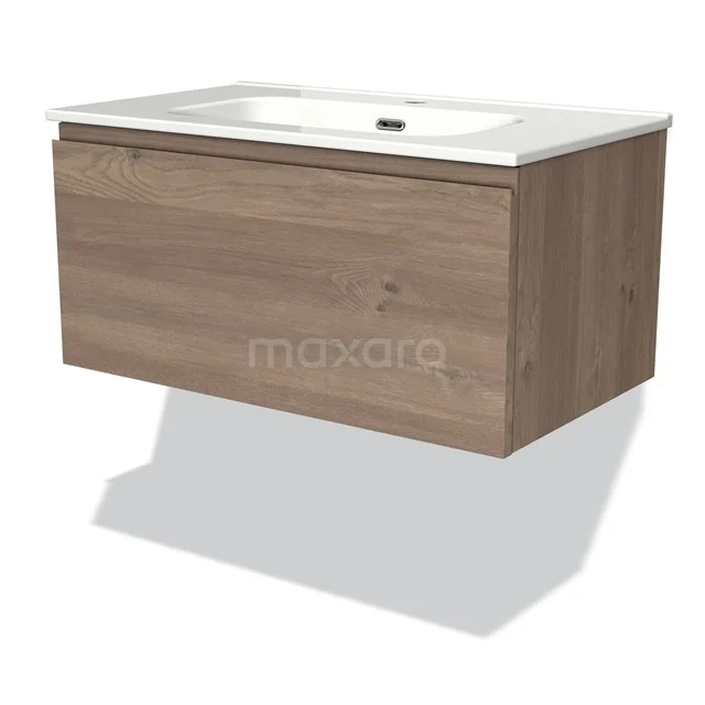 Holz schwebendes Badezimmermöbel mit einem weißen keramischen Waschbecken, minimalistisches Design in natürlicher Eichenoberfläche.