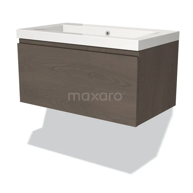 Badmöbel 80cm Modulo dunkelbraune Eiche 1 Schublade griffloses Waschbecken Mineralguss BMW11-03422 Wandhängendes Badezimmermöbel, dunkle Holzfarbe, mit weißem Waschbecken und modernem Erscheinungsbild, ideal für jedes stilvoll eingerichtete Badezimmer.