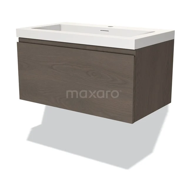 Wandhängendes Badezimmermöbel, Holzlook-Schrank mit weißem Waschbecken, moderne Ausstrahlung und Softclose-Schublade.