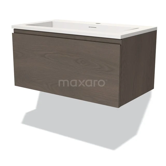 Floating vanity unit wood-look, matte dark brown, with white ceramic basin; ideal for a modern bathroom style.