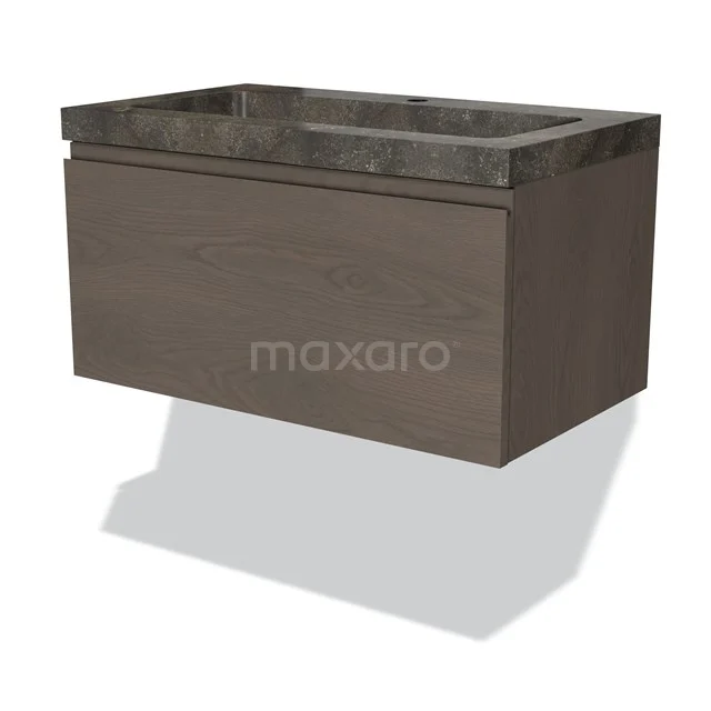 Wall-mounted bathroom unit wood-look with dark marble sink, sleek design, suitable for modern bathrooms.