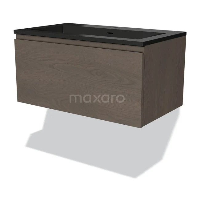 Wooden bathroom unit dark oak with black oak basin worktop, modern floating design.