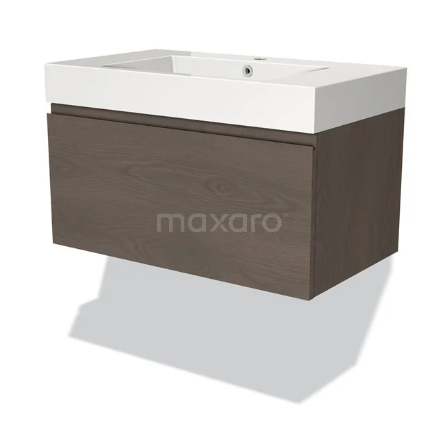 Wandmontiertes Badezimmermöbel mit weißem Waschbecken und Holzschublade, modernes Design in dunklem Walnussbaum.