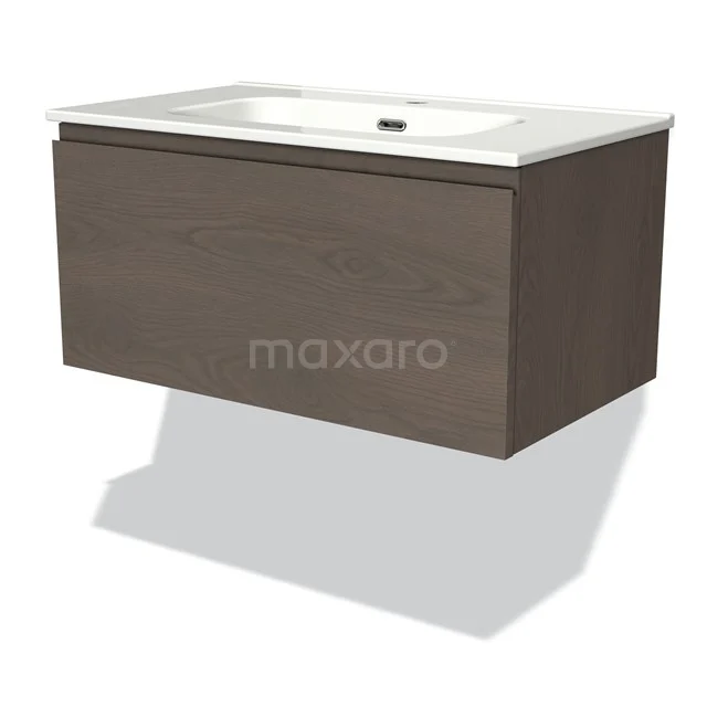 Modulo Waschtische | 80 cm Dunkelbraune Eiche Grifflos front Keramik 1 Schublade BMW11-03436 Hängendes Badmöbel mit Waschbecken, Holzlook-Furnier in Dunkelbraun, modernes Design und geräumiger Schublade.
