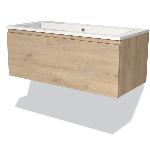 Wooden bathroom unit with rectangular basin; floating design in Oak look for modern bathrooms.