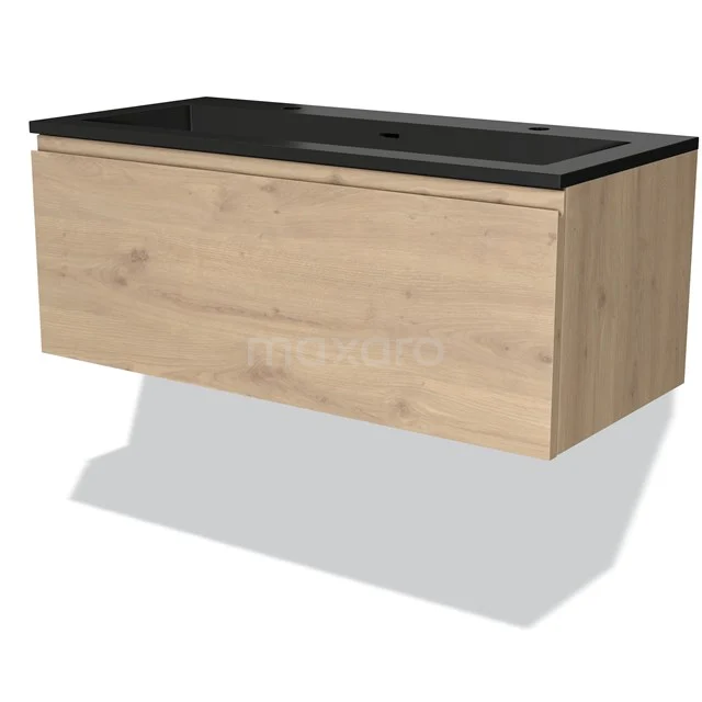 Holz Badezimmermöbel mit Schwarz Waschbecken, modernes Design, Wandmontage, Natur Eiche Ausstrahlung, ideal für ein stilvolles Badezimmer.
