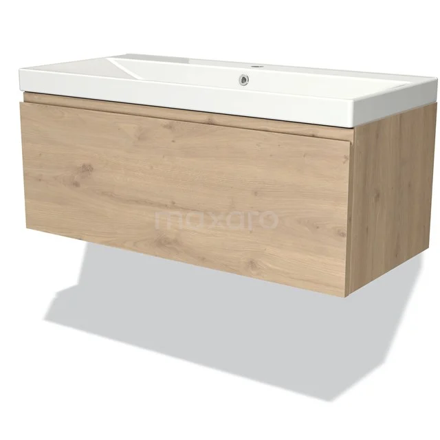 Wooden bathroom unit with white basin, modern design, wall-mounted. Perfect for a stylish and organised bathroom.