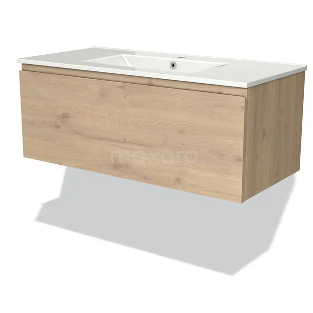Hanging vanity units with basin in oak, minimalist design and practical storage space.