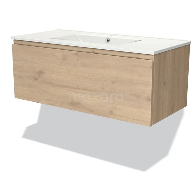 Holz Badmöbel mit weißem Waschbecken, wandmontiert, Eiche Look, schlichtes Design, ideal für moderne Bäder.