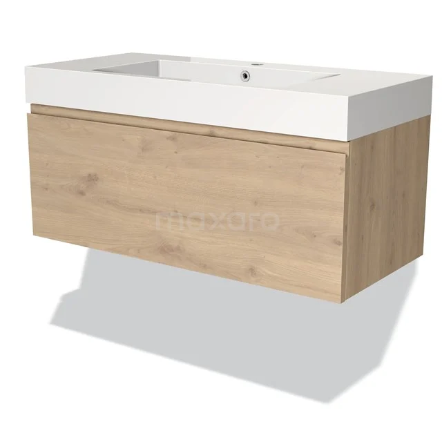 Holz schwebendes Badezimmermöbel mit weißem Waschbecken, moderne Ausstrahlung, ideal für ein stilvolles und funktionales Badezimmer.