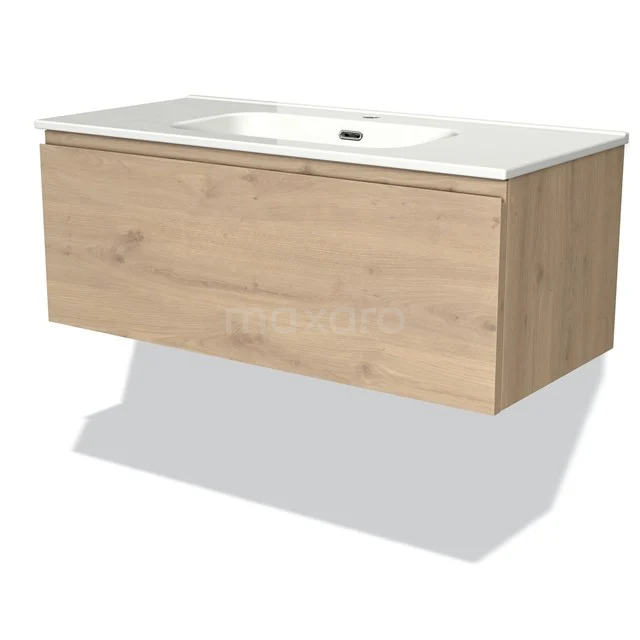 Holz Badezimmermöbel mit Eiche-Look, schwebendes Design und integriertes Waschbecken, ideal für stilvolle Badezimmergestaltung.