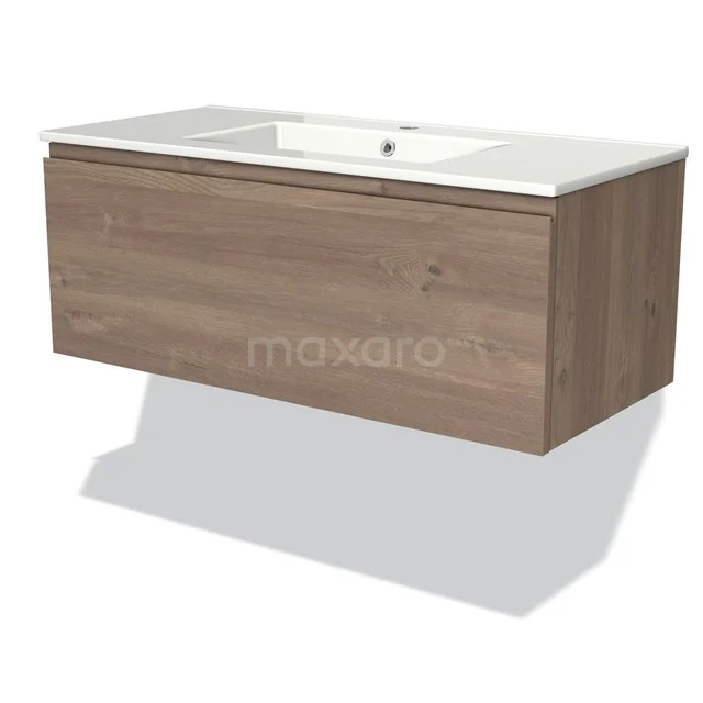 Modulo Vanity units with basin | 100 cm Mid brown oak Handle-less front Ceramic 1 drawer BMW11-03478