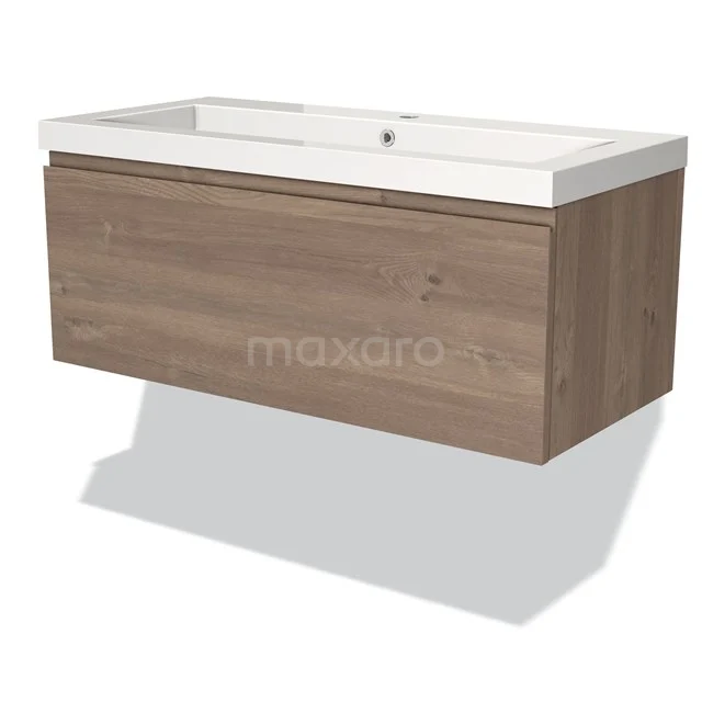 Modulo Waschtische | 100 cm Mittelbraune Eiche Grifflos front Mineralguss 1 Schublade BMW11-03480 Holz-Waschtisch in Eichenoptik mit weißem Keramik-Waschbecken, ideal für eine moderne und stilvolle Badezimmergestaltung.