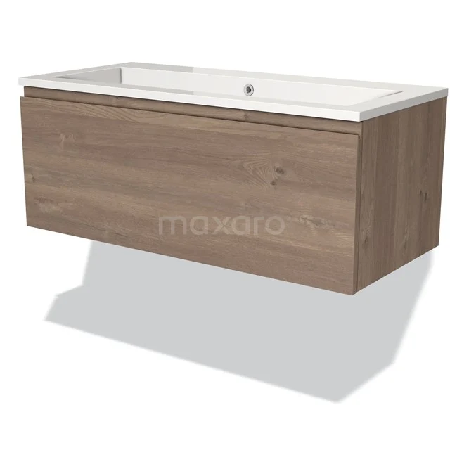 Wooden bathroom unit with chest of drawers, oak look, and integrated white sink; modern and stylish design for any bathroom.
