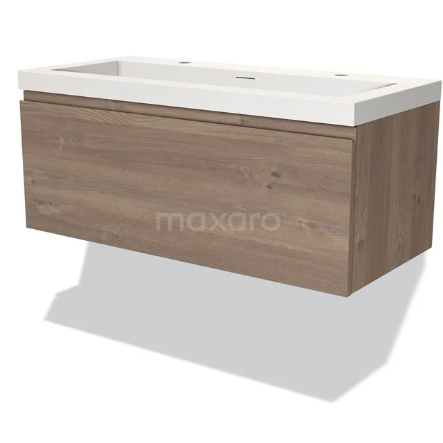 Holz-Waschtisch mit Schublade, natürliche Eichenoptik, einschließlich weißem Keramik-Waschbecken, modernes Badezimmerdesign.