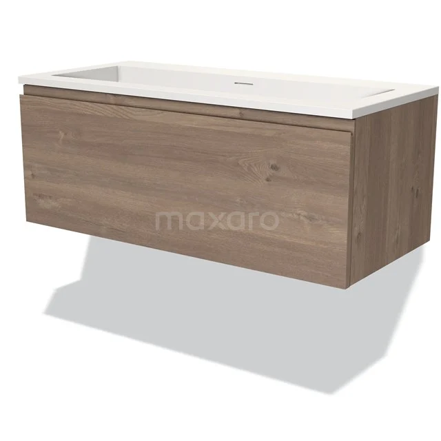 Wooden bathroom unit with drawers, oak look, including white basin worktop, suitable for modern bathroom areas.