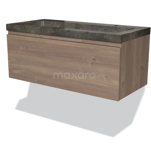 Holz Badezimmermöbel mit dunkelgrauem Natursteine Waschbecken, modernes hängendes Design und minimalistische Verarbeitung.