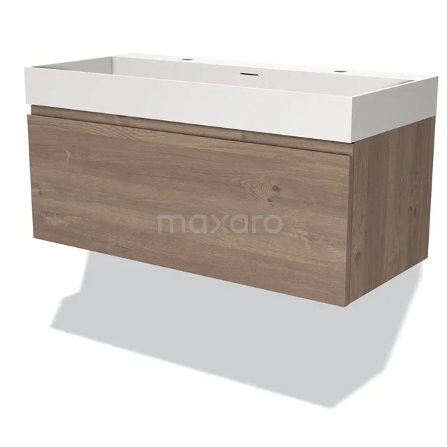 Modulo Vanity units with basin | 100 cm Mid brown oak Handle-less front Solid surface 1 drawer BMW11-03489