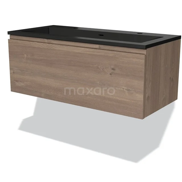 Badmöbel 100cm Modulo mittelbraune Eiche 1 Schublade griffloses Waschbecken Quarz BMW11-03491 Hölzerner Badschrank mit dunklem Steine Waschbecken, hängendes Design, moderne Ausstrahlung, ideal für stilvolle Badezimmergestaltung.