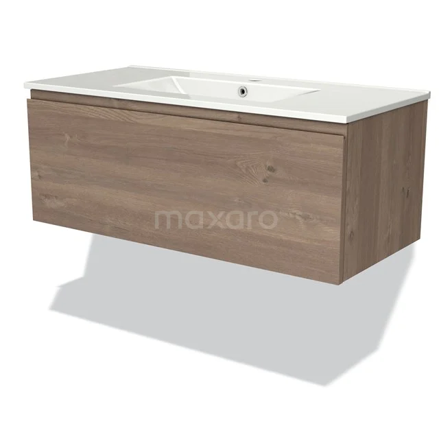 Wooden hanging bathroom unit, oak-look, with integrated white vanity units with basin and a modern, sleek finish.