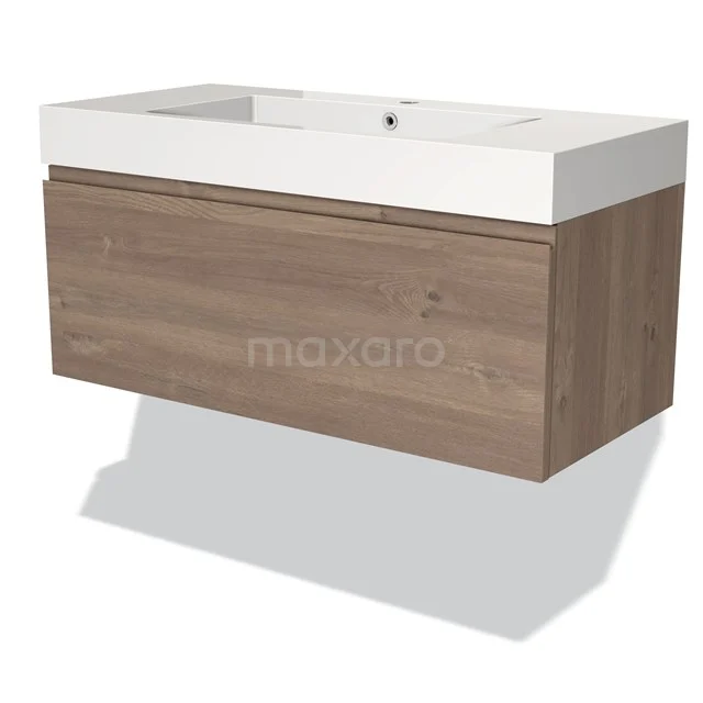 Modulo Vanity units with basin | 100 cm Mid brown oak Handle-less front Mineral marble 1 drawer BMW11-03496