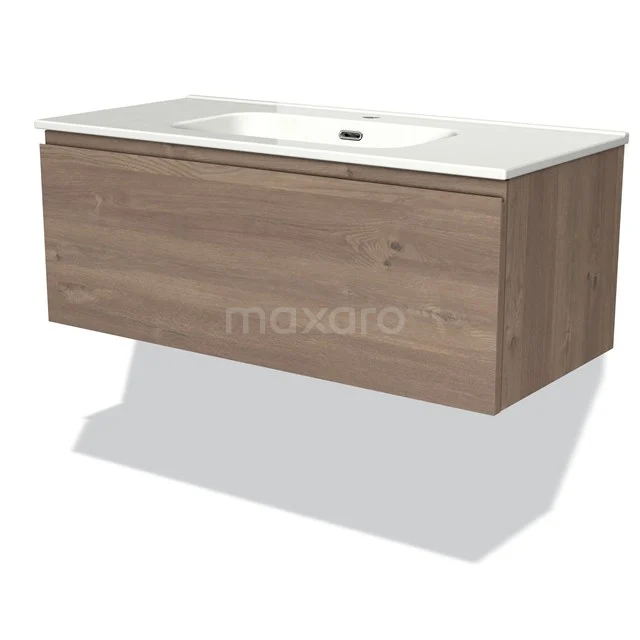 Modulo Vanity units with basin | 100 cm Mid brown oak Handle-less front Ceramic 1 drawer BMW11-03497