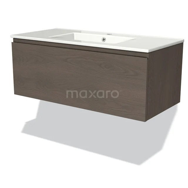 Hängendes Badmöbel mit weißem Waschbecken, Holzlook Front in Dunkelbraun, schlichtes Design, ideal für moderne Bäder.