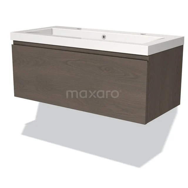 Wooden bathroom unit with dark brown oak finish, white vanity units with basin and modern, sleek design.