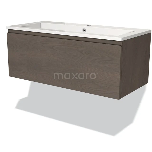 Brown wooden bathroom unit with integrated white vanity unit with basin, hanging format, modern design.